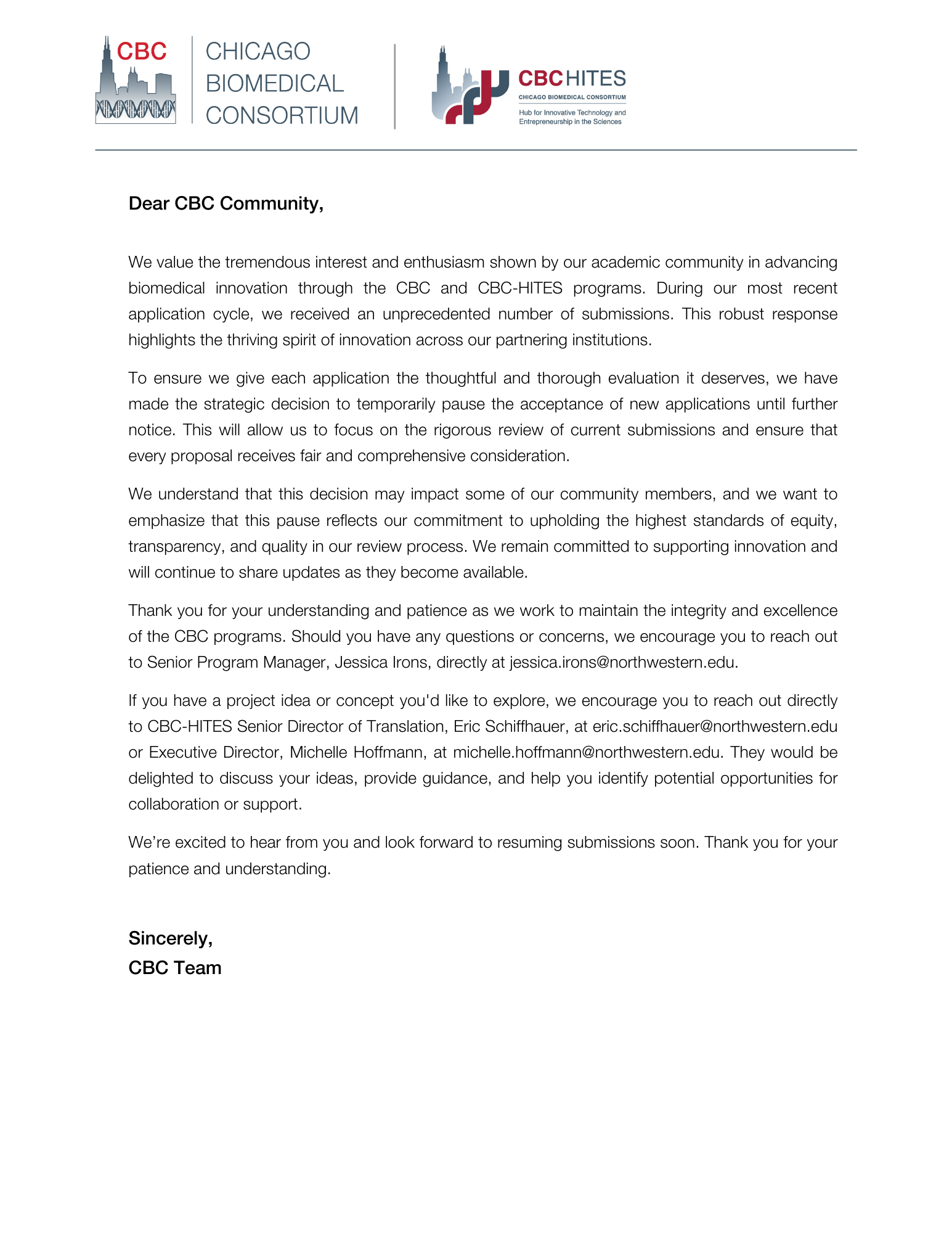 CBC-HITES Temporary Pause Letter